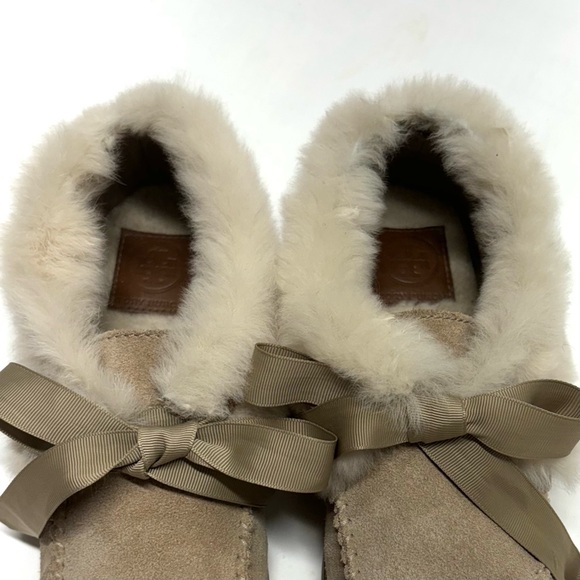 Tory Burch Aberdeen Split Suede Genuine Rabbit Fur Trim Slipper Natural/Camel 7 - Picture 5 of 17